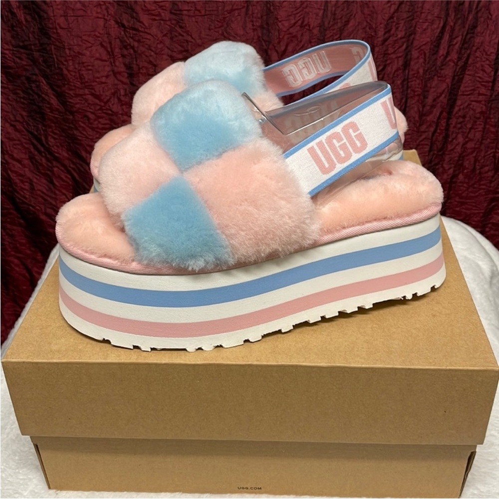 UGG Women's Fluffy Pink and Blue pride Platform Sandals